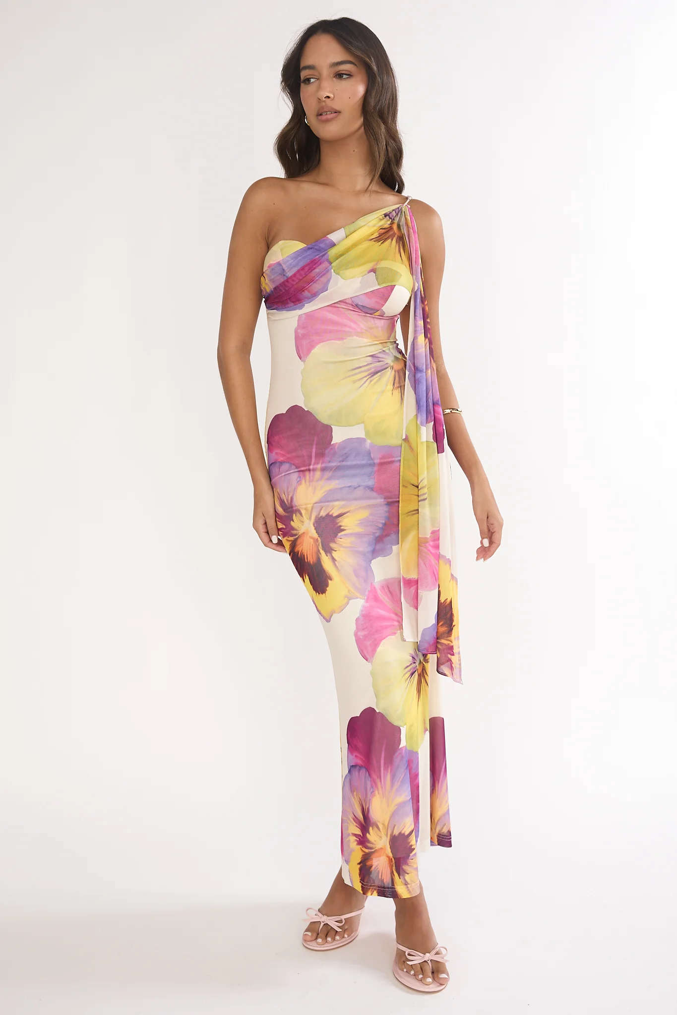 Tallis One-Shoulder Asymmetric Neckline Dress Beige - Image 5