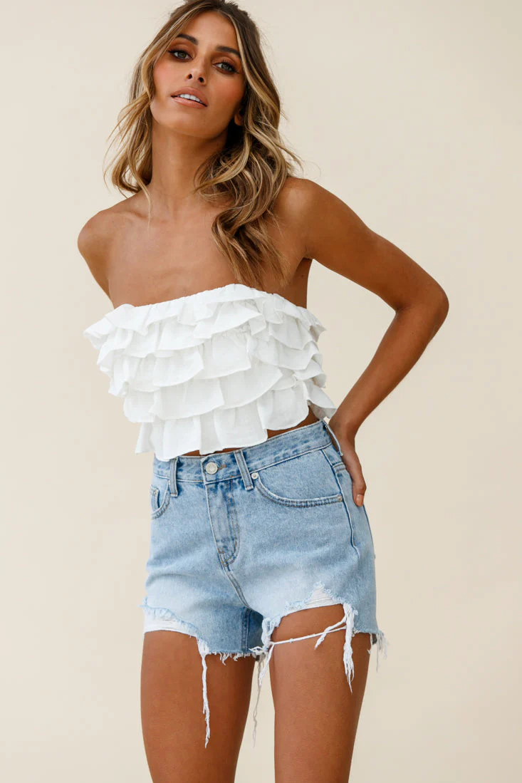 Talulah Layered Ruffle Lace-Up Back Crop Top White - Image 2
