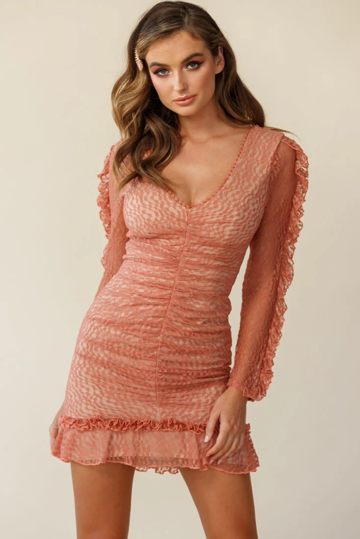 Tamara Ruched Long Sleeve Lace Mesh Dress Rose - Image 3