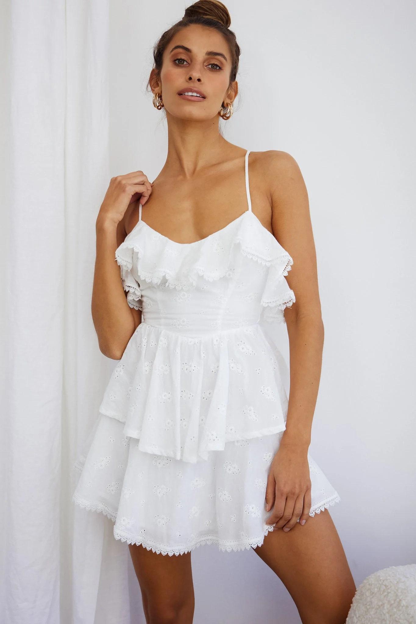 Tameka Ruffle Trim Layered Hem Eyelet Dress White - Image 4