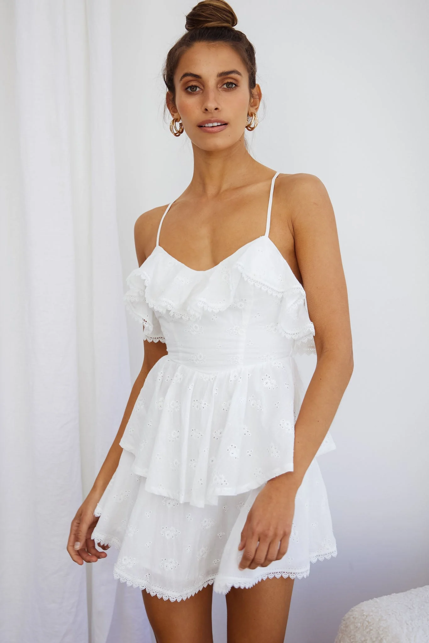 Tameka Ruffle Trim Layered Hem Eyelet Dress White - Image 8