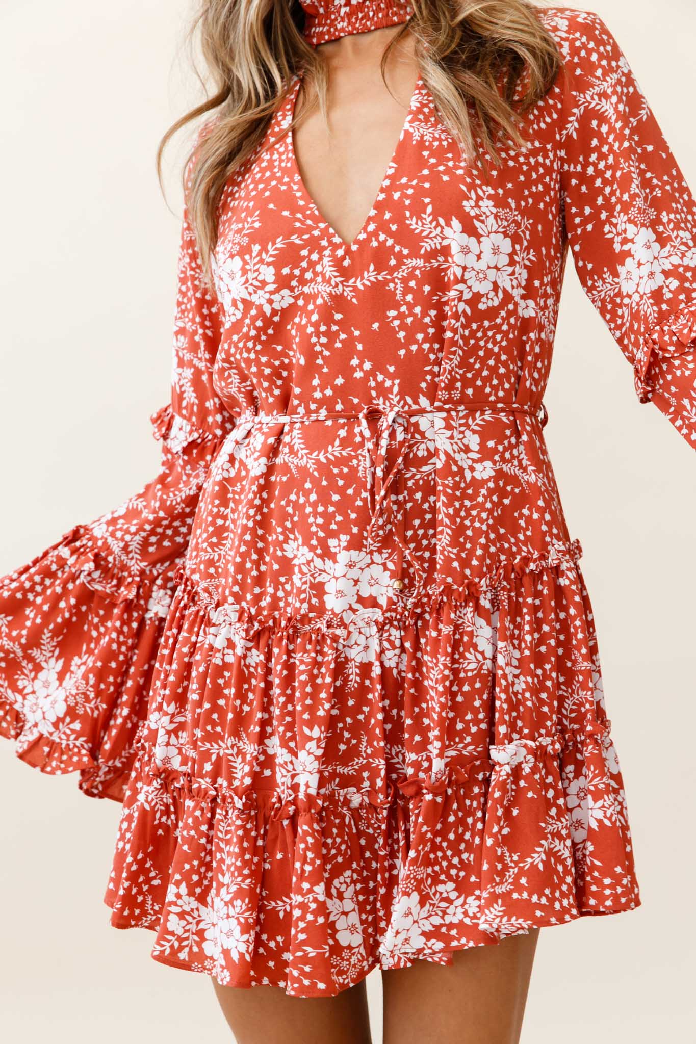 Tamina Long Sleeve Frill Trim Dress Floral Print Rust - Image 4