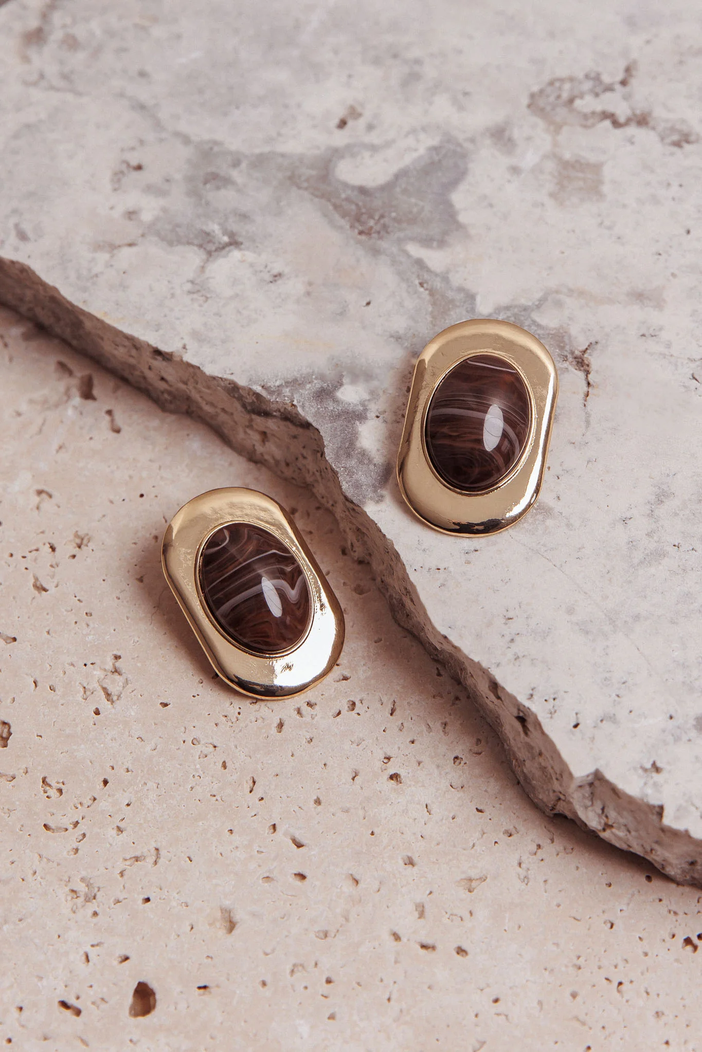 Tammy Squoval Cabochon Earrings Gold/Chocolate - Image 2