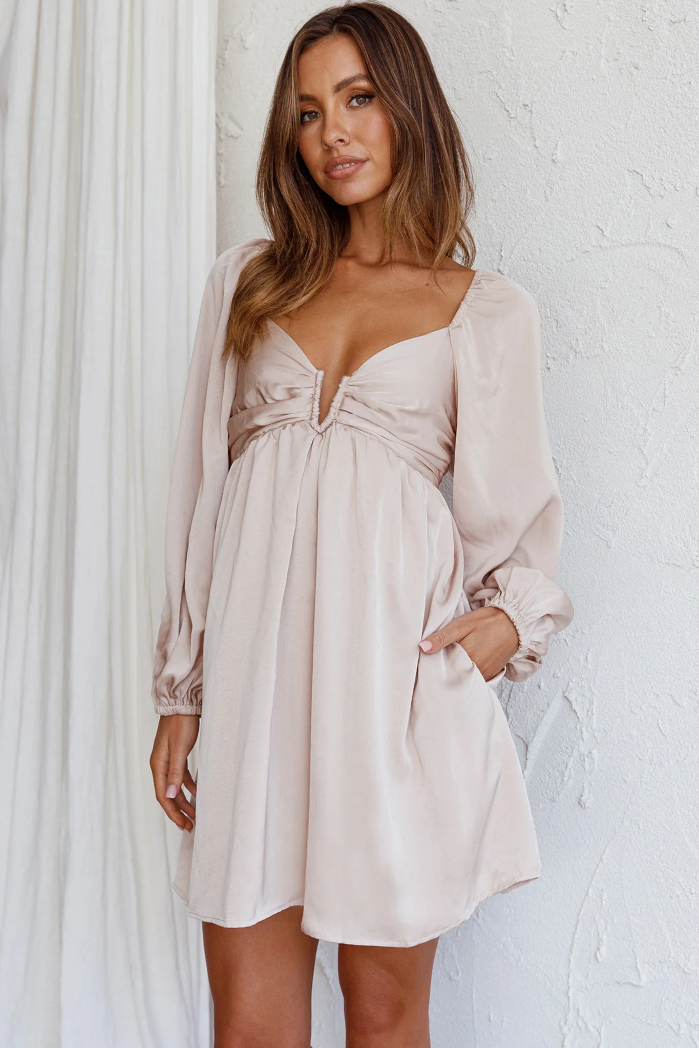 Tansy Long Sleeve Babydoll Dress Beige - Image 6