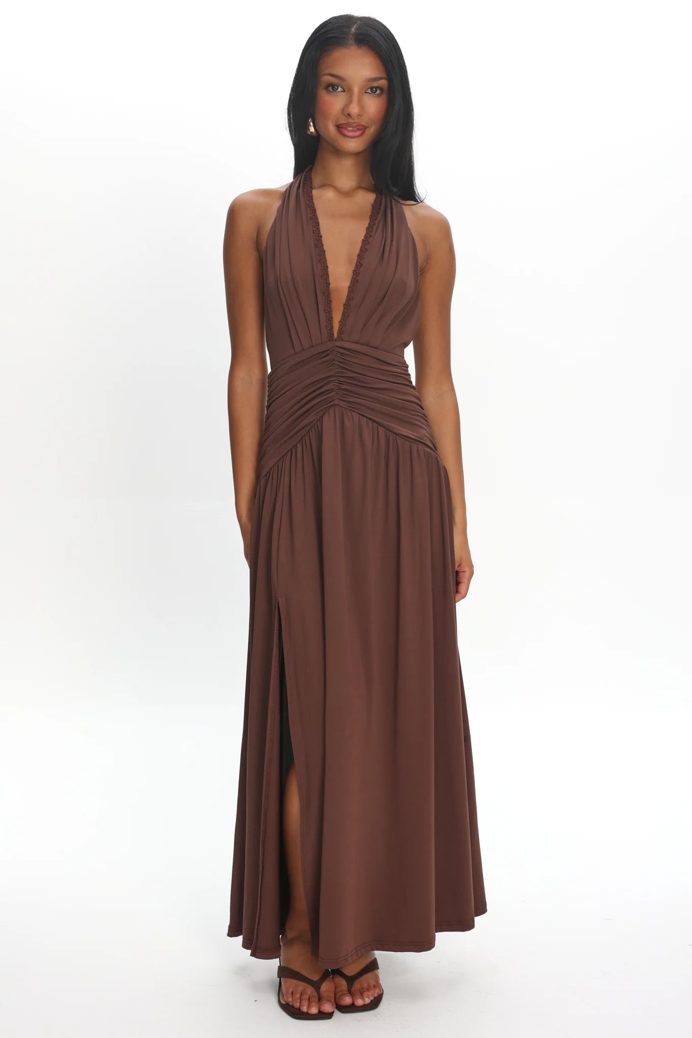 Tanya Halterneck Ruched Maxi Dress Chocolate - Image 6