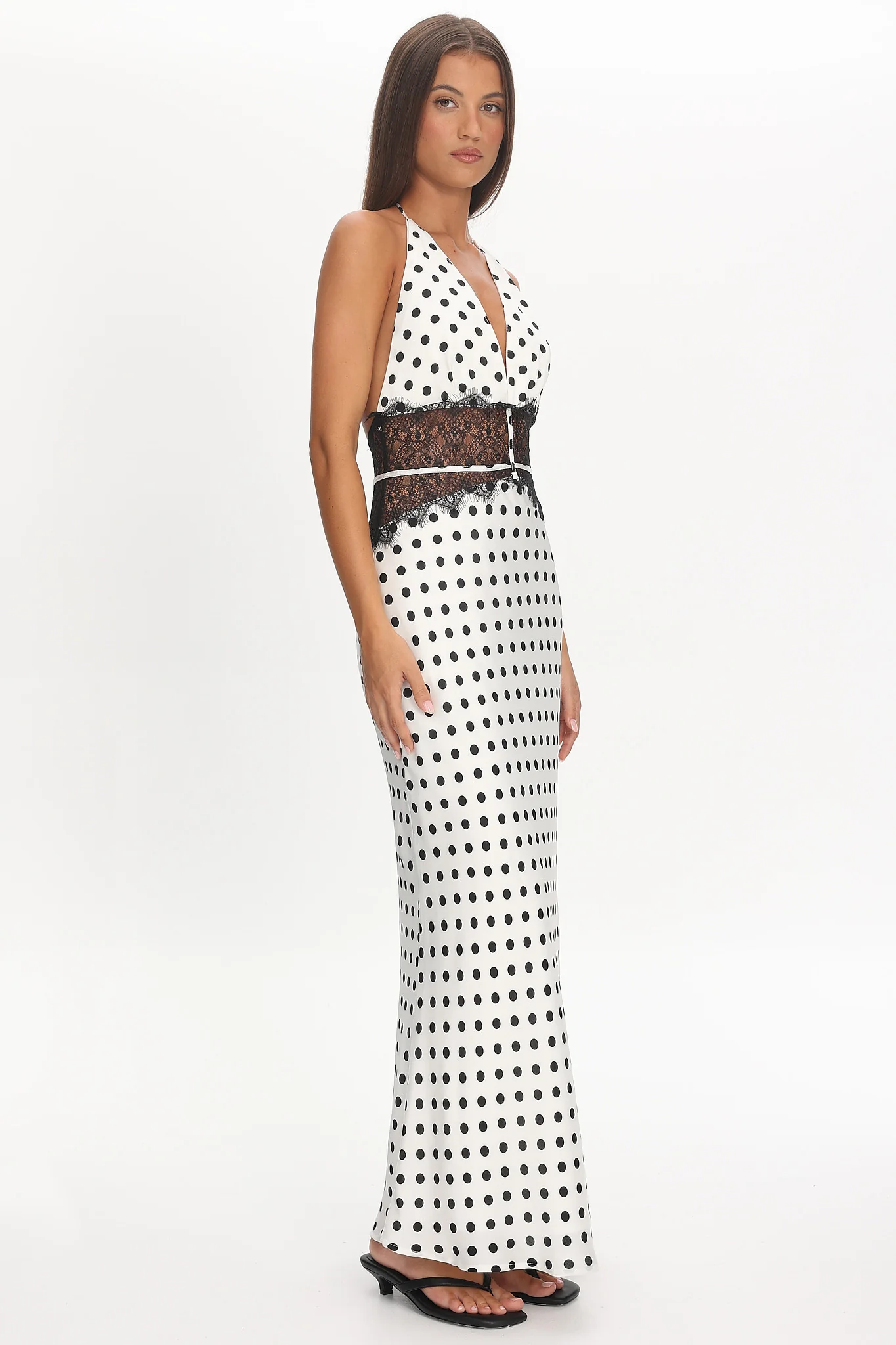 Tarly Lace Waist Halter Maxi Dress Polka Dot White - Image 5