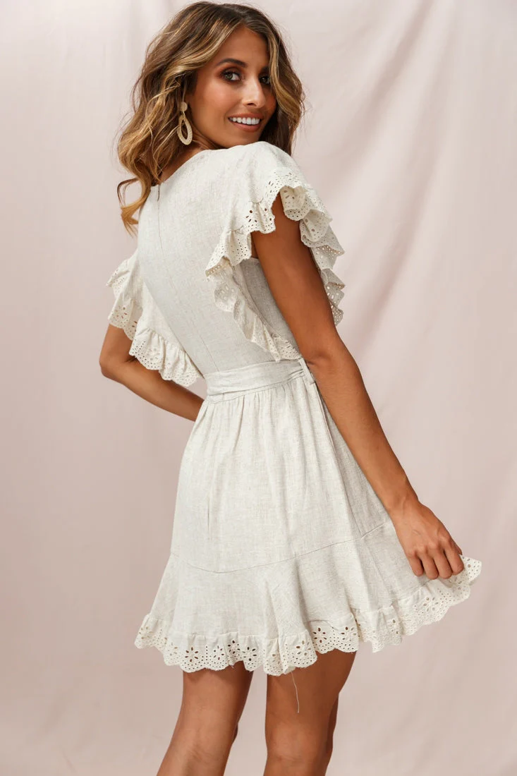 Taya Ruffle Shoulder Waist Tie Dress Beige - Image 4