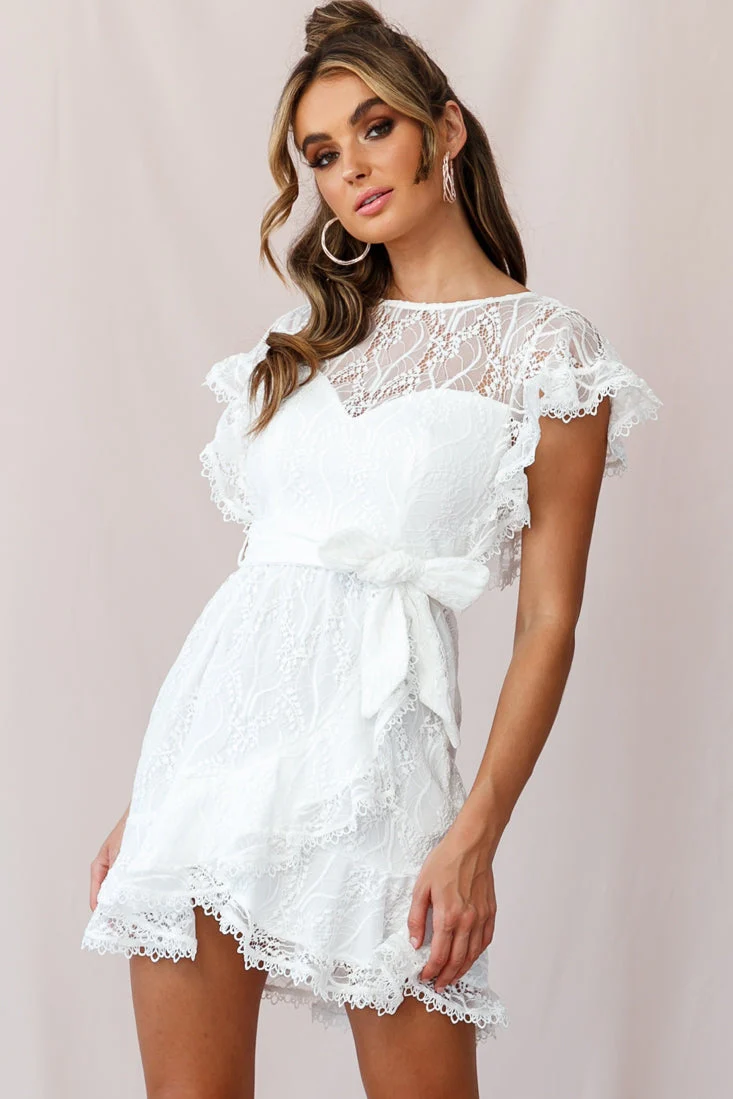 Taya Ruffle Shoulder Waist Tie Dress White Lace - Image 7