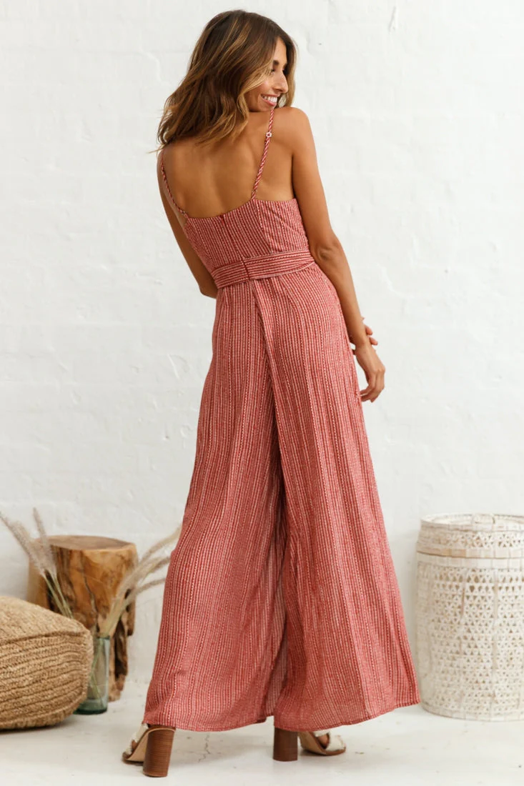 Taylor V-Neck Split Wide Leg Jumpsuit Stripe Pattern Rust - Image 4