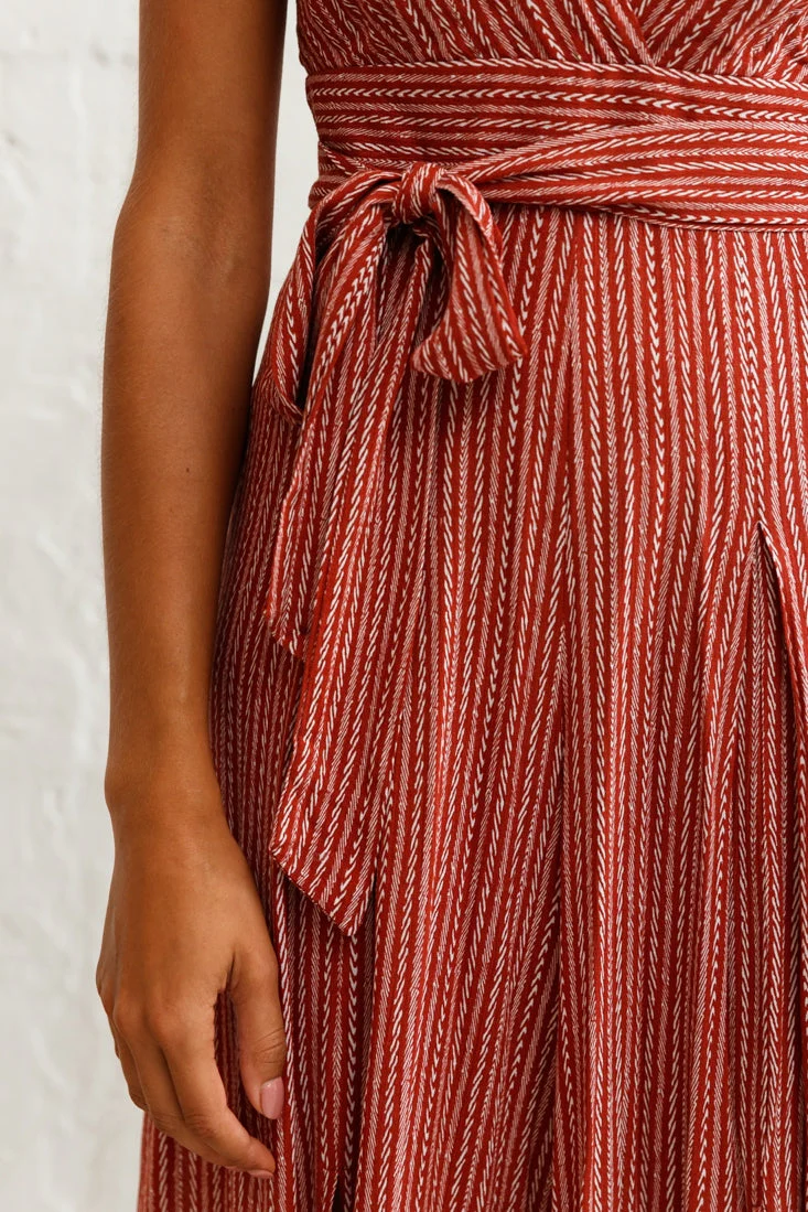 Taylor V-Neck Split Wide Leg Jumpsuit Stripe Pattern Rust - Image 5