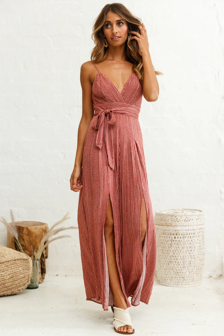 Taylor V-Neck Split Wide Leg Jumpsuit Stripe Pattern Rust - Image 7