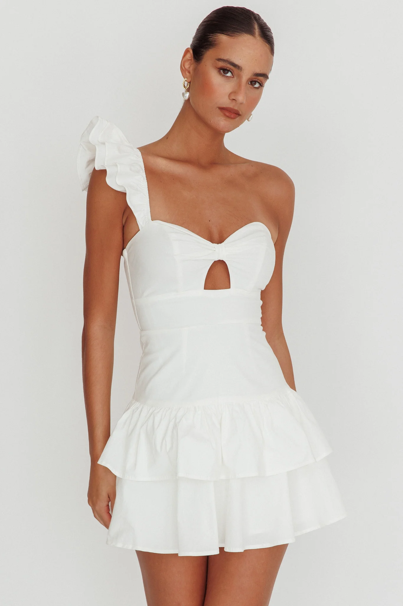 Tea Time One Shoulder Ruffle Mini Dress White - Image 5