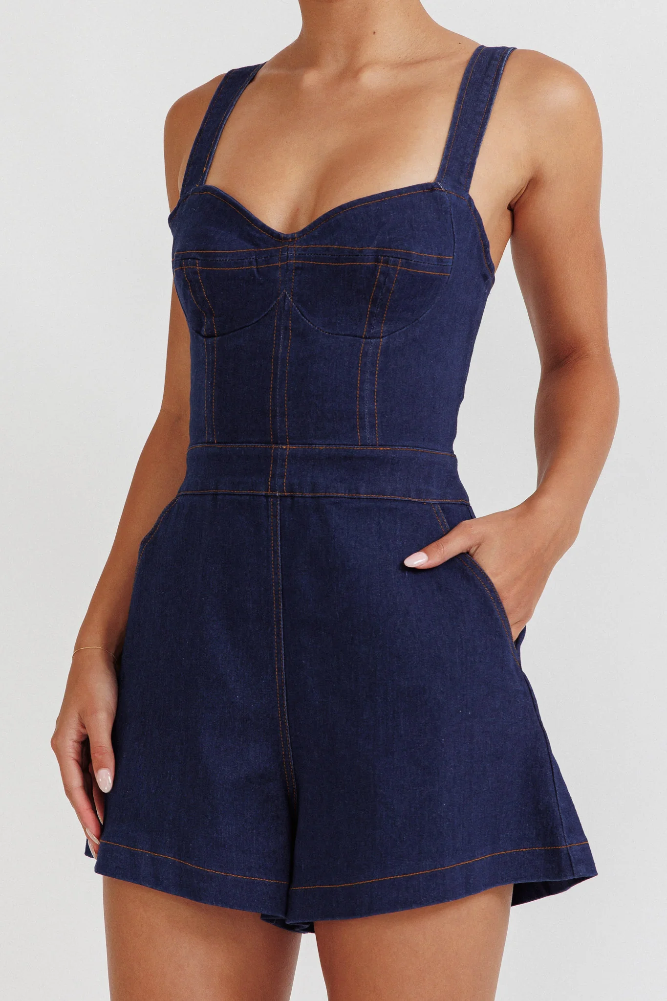 Tease Me Sweetheart Neckline Denim Romper Indigo - Image 4