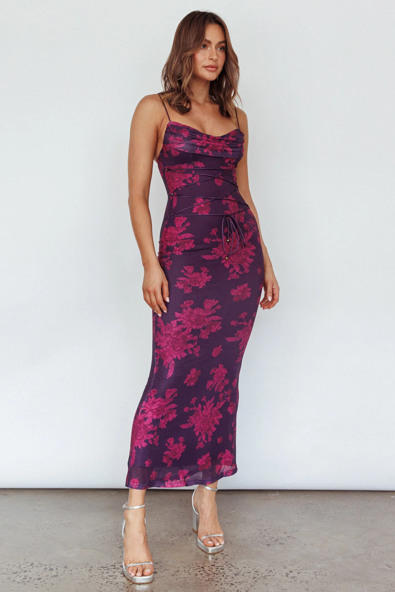 Teava Laced Waist Maxi Dress Floral Grape - Image 3