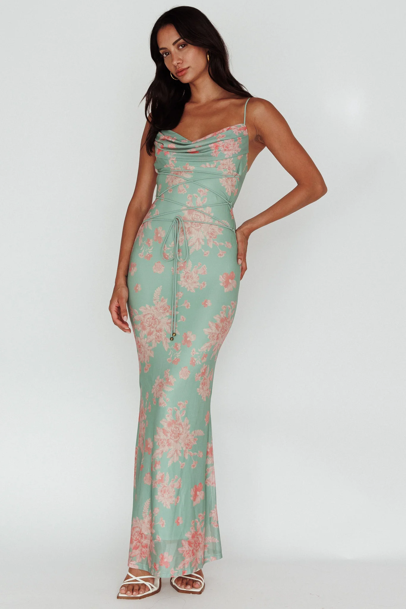 Teava Laced Waist Maxi Dress Floral Green - Image 3