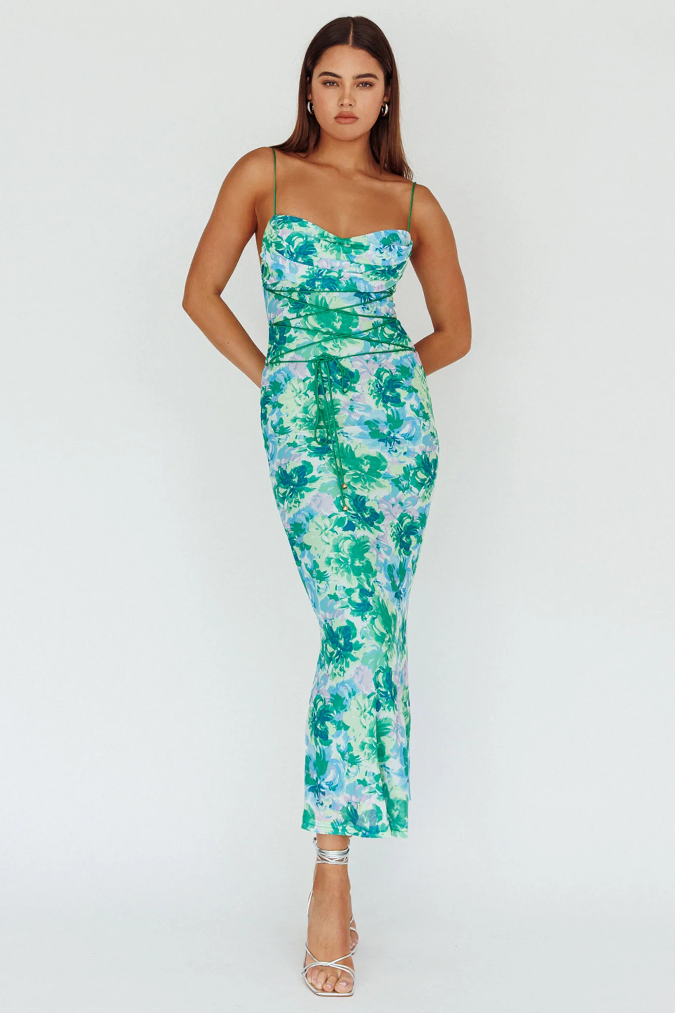 Teava Laced Waist Midi Dress Floral Green - Image 6