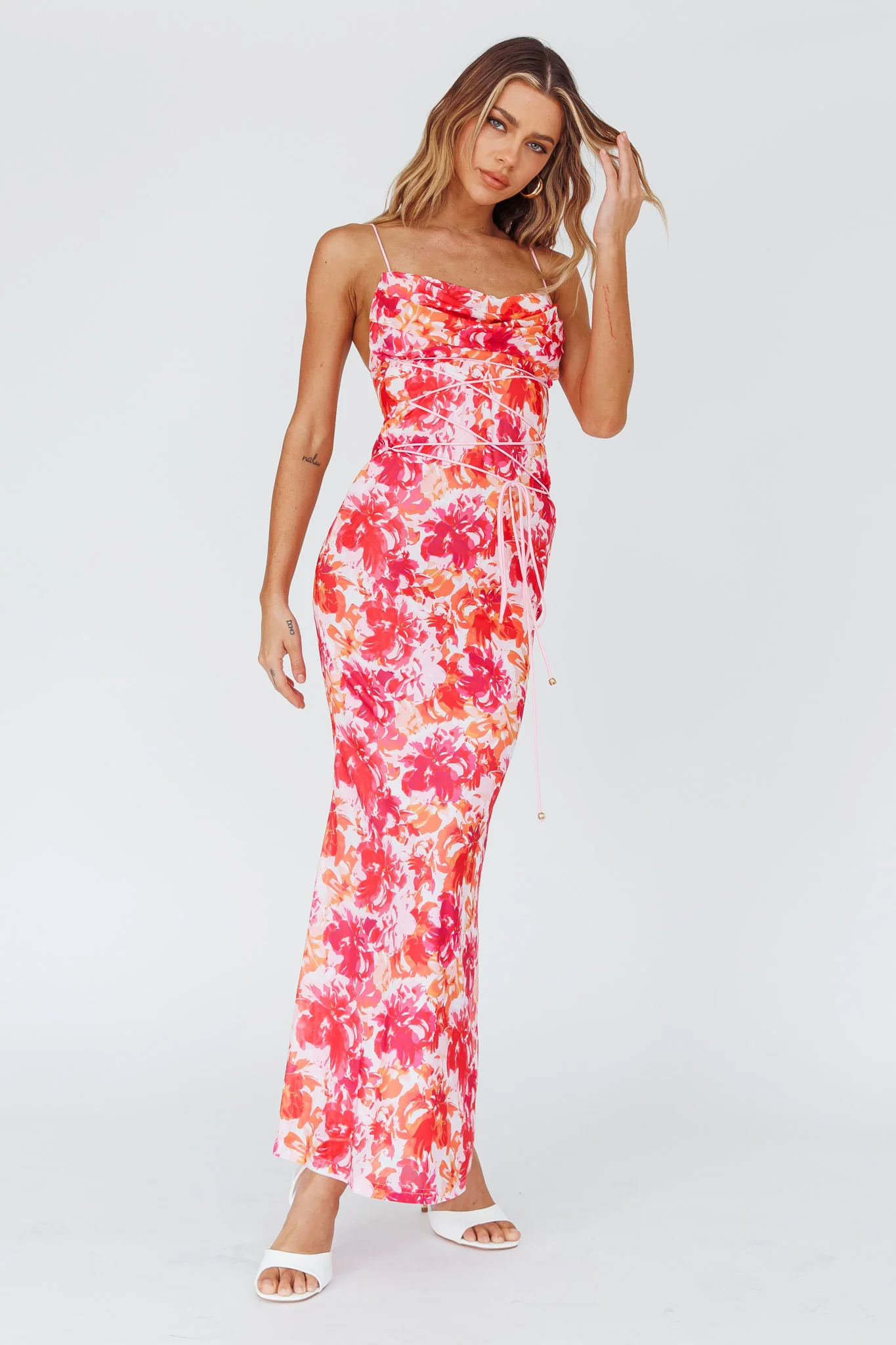 Teava Laced Waist Midi Dress Floral Red - Image 5