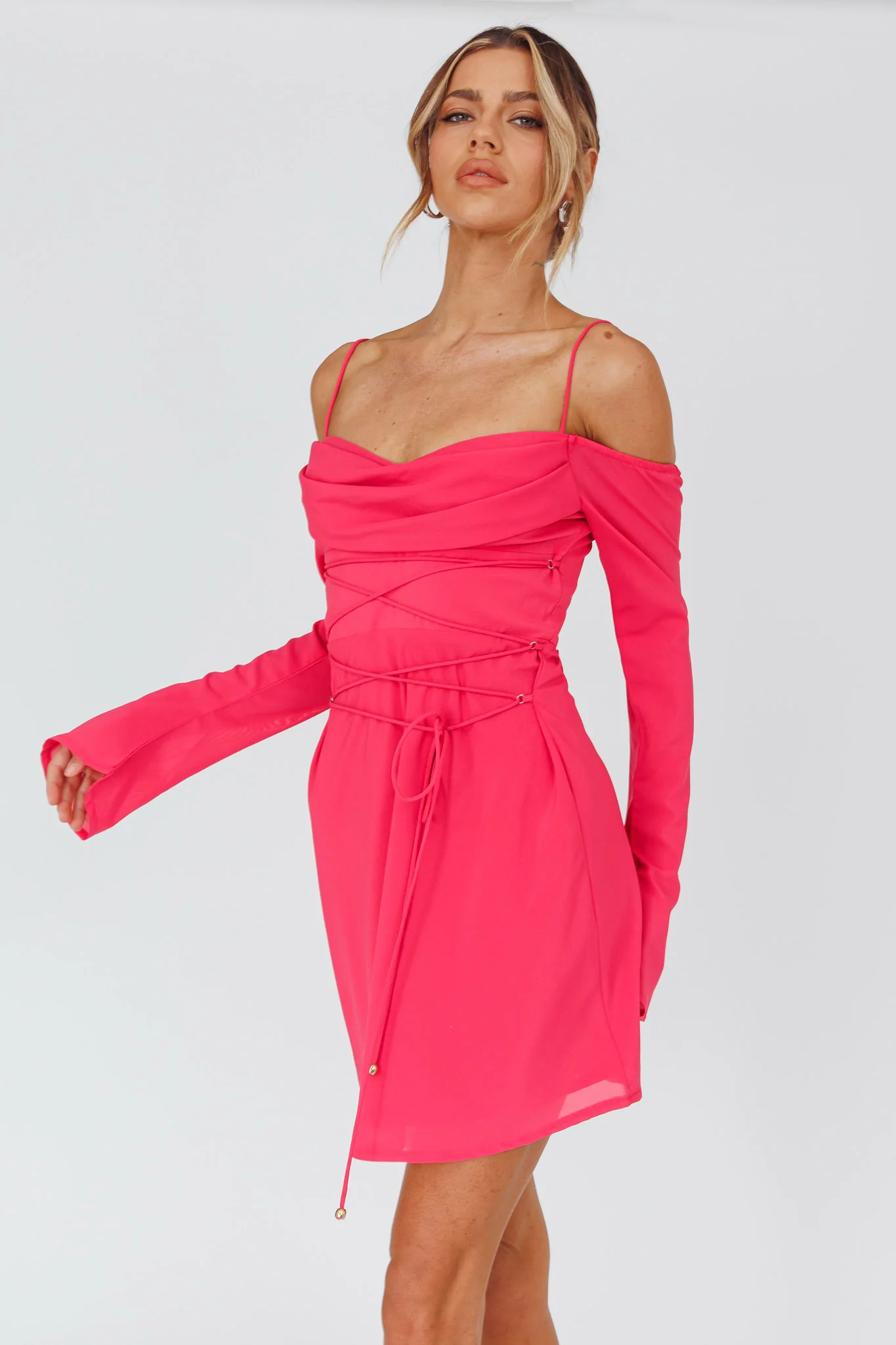 Teava Off-Shoulder Sleeve Laced Mini Dress Hot Pink - Image 5