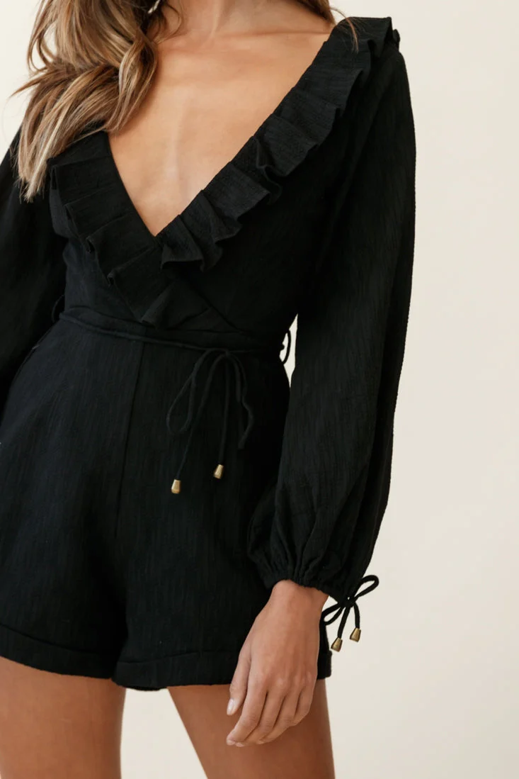 Tegan Long Sleeve Ruffle Neckline Romper Black - Image 6