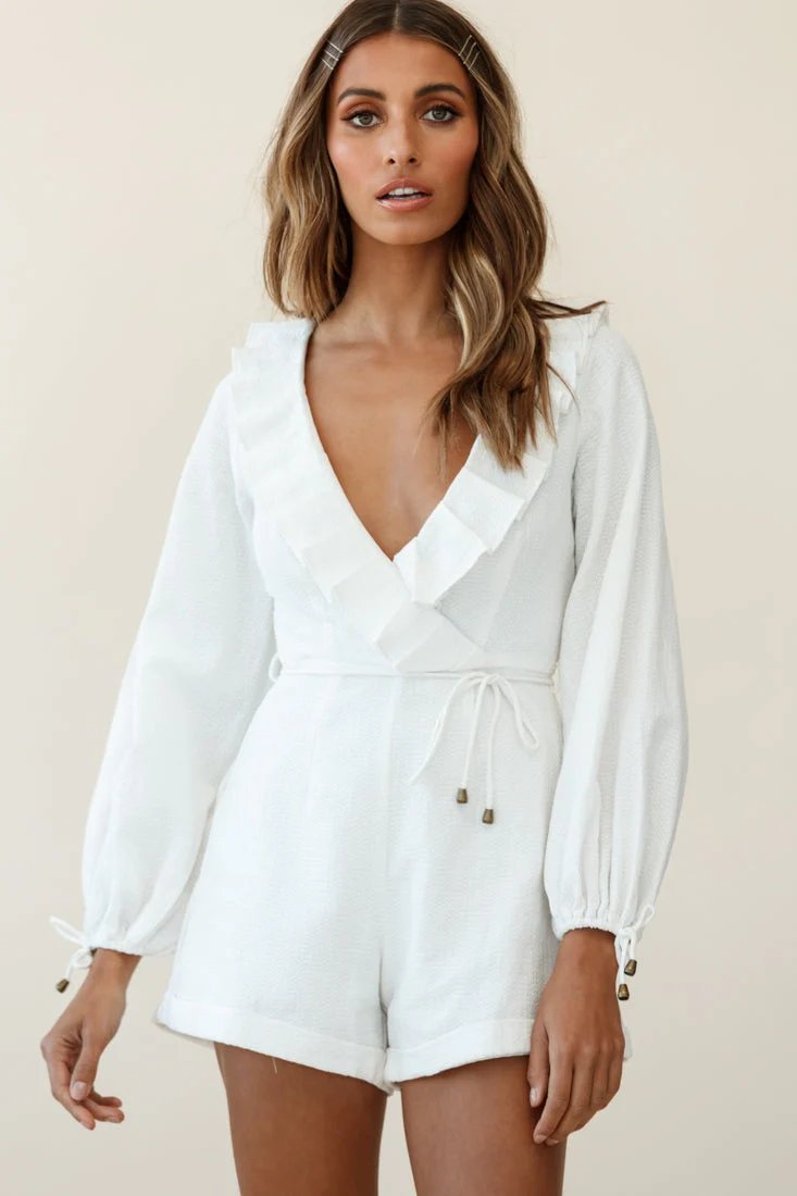 Tegan Long Sleeve Ruffle Neckline Romper White - Image 4