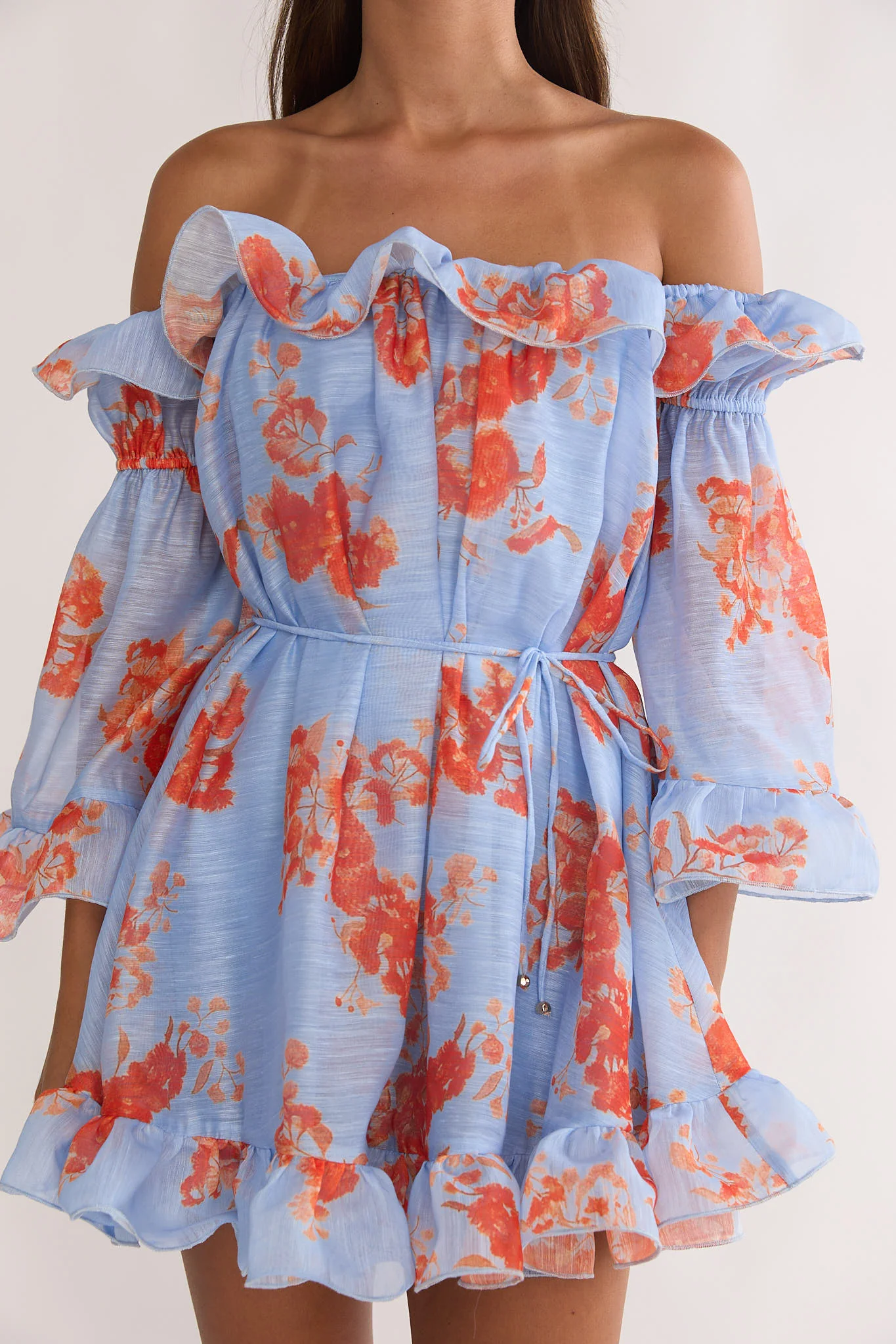 Telora Off-Shoulder Ruffle Mini Dress Floral Blue - Image 3