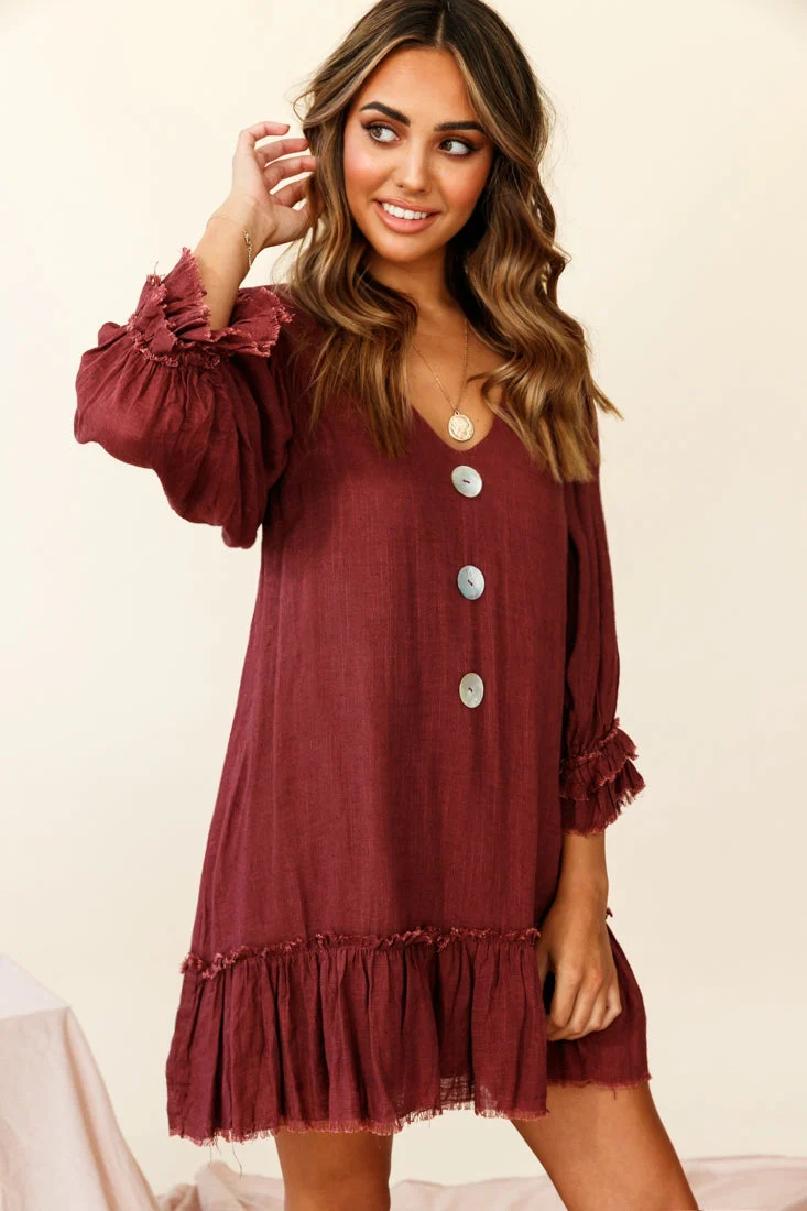 Amala Balloon Sleeve Button Detail Linen Dress Maroon - Image 4