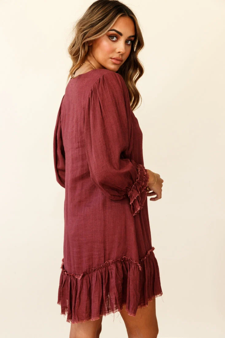 Amala Balloon Sleeve Button Detail Linen Dress Maroon - Image 6
