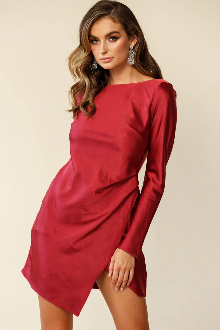 Thank Me Later Long Sleeve Open Back Dress Wine - Image 13