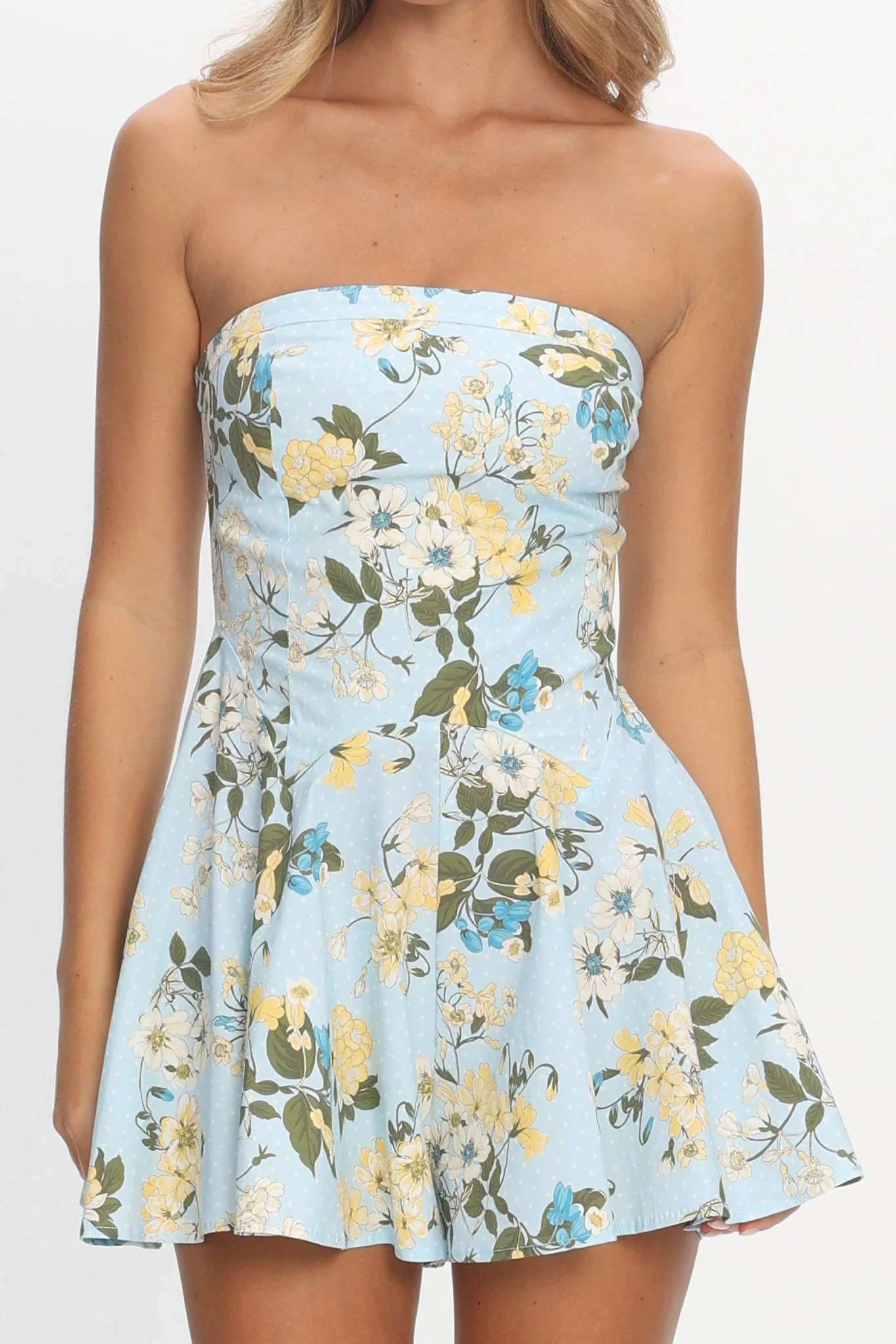 That's My Girl Strapless Mini Romper Floral Baby Blue - Image 3