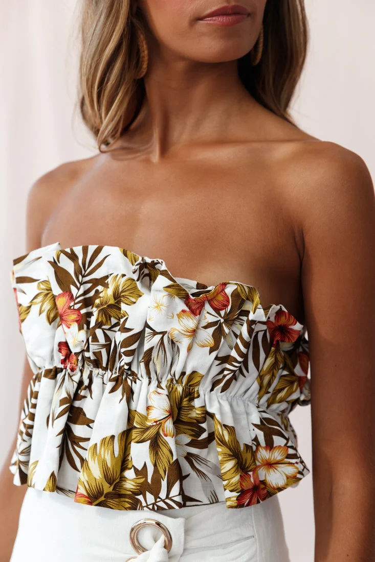 Thea Ruffle Crop Top Tropical Floral Print White - Image 4