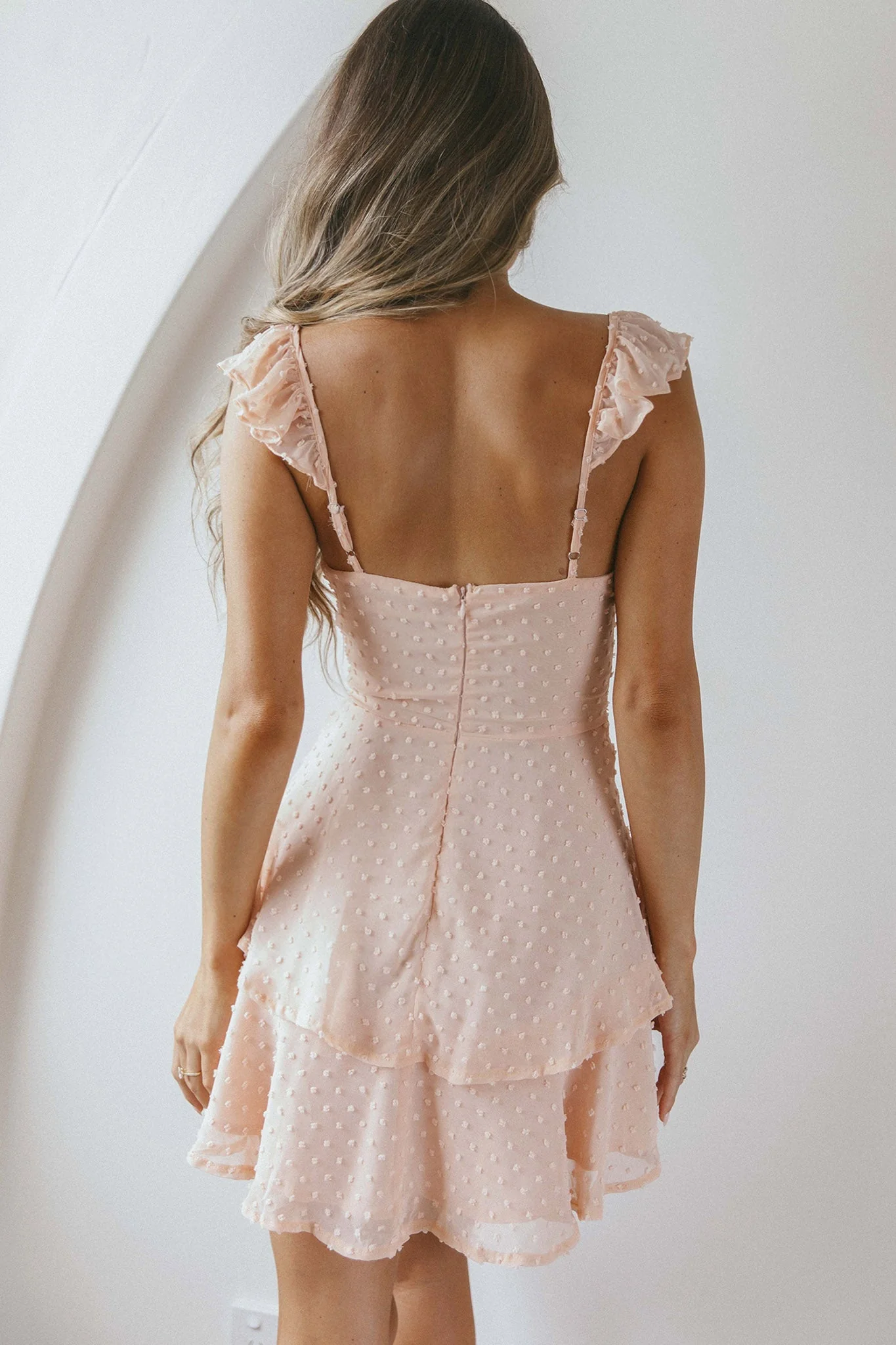 Theory Sweetheart Neckline Frill Strap Mini Dress Textured Peach - Image 2