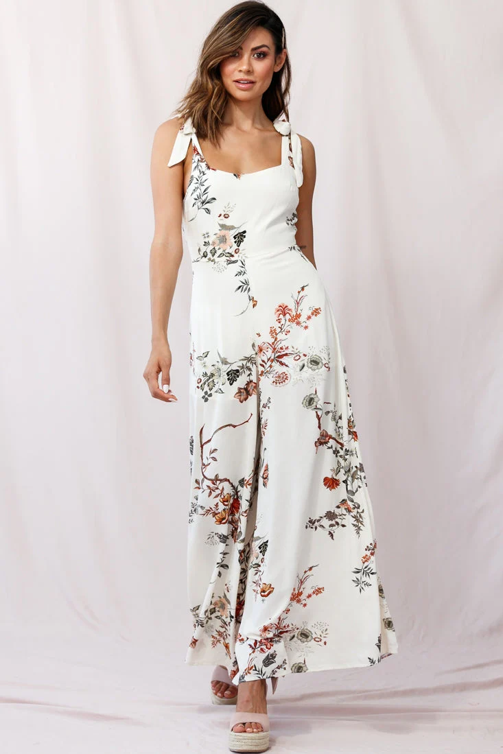 Therese Tied-Shoulder Wide Leg Jumpsuit Floral Print Beige - Image 2