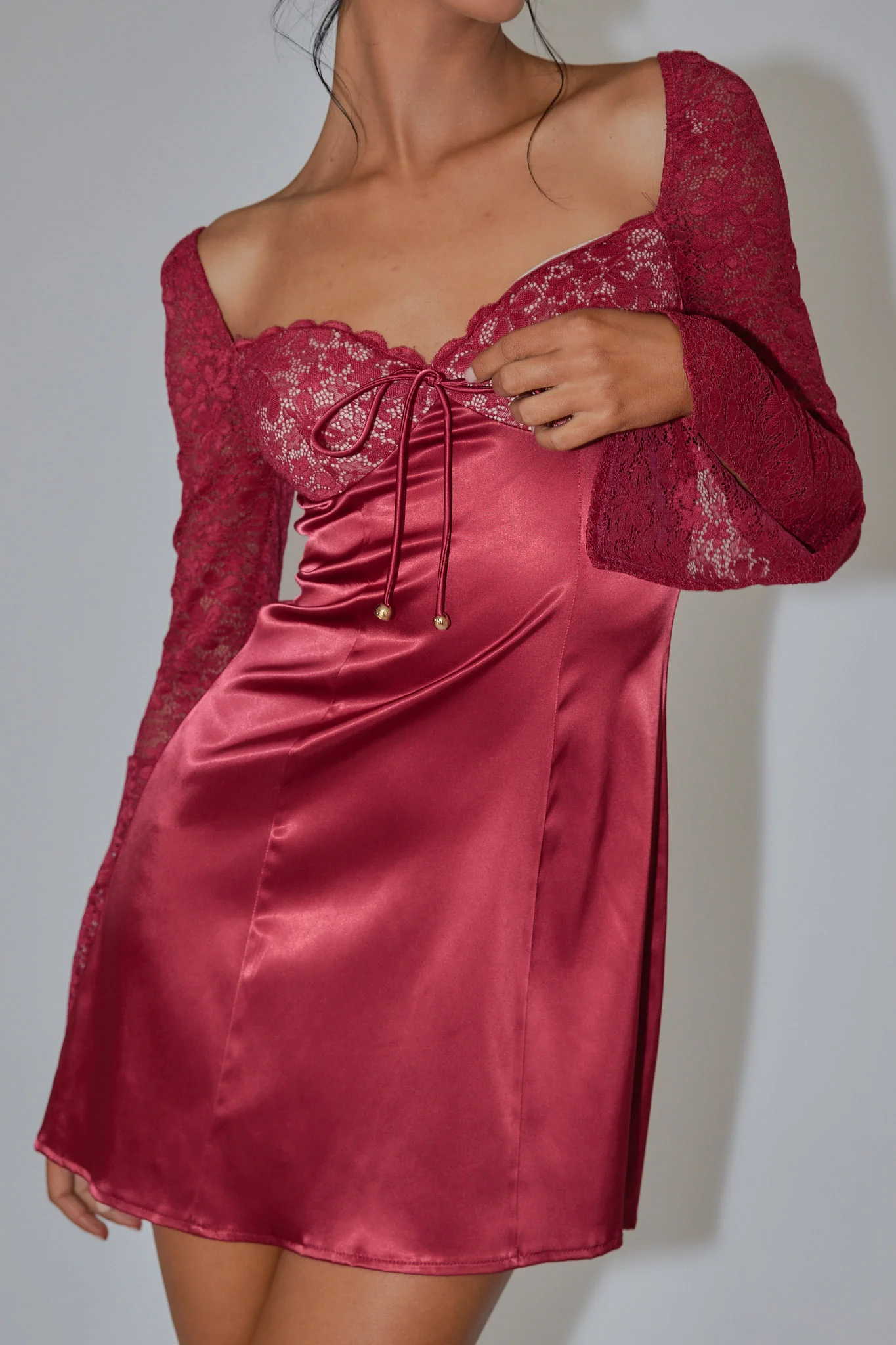 Ti Amo Lace Bust Long Sleeve Mini Dress Wine - Image 4