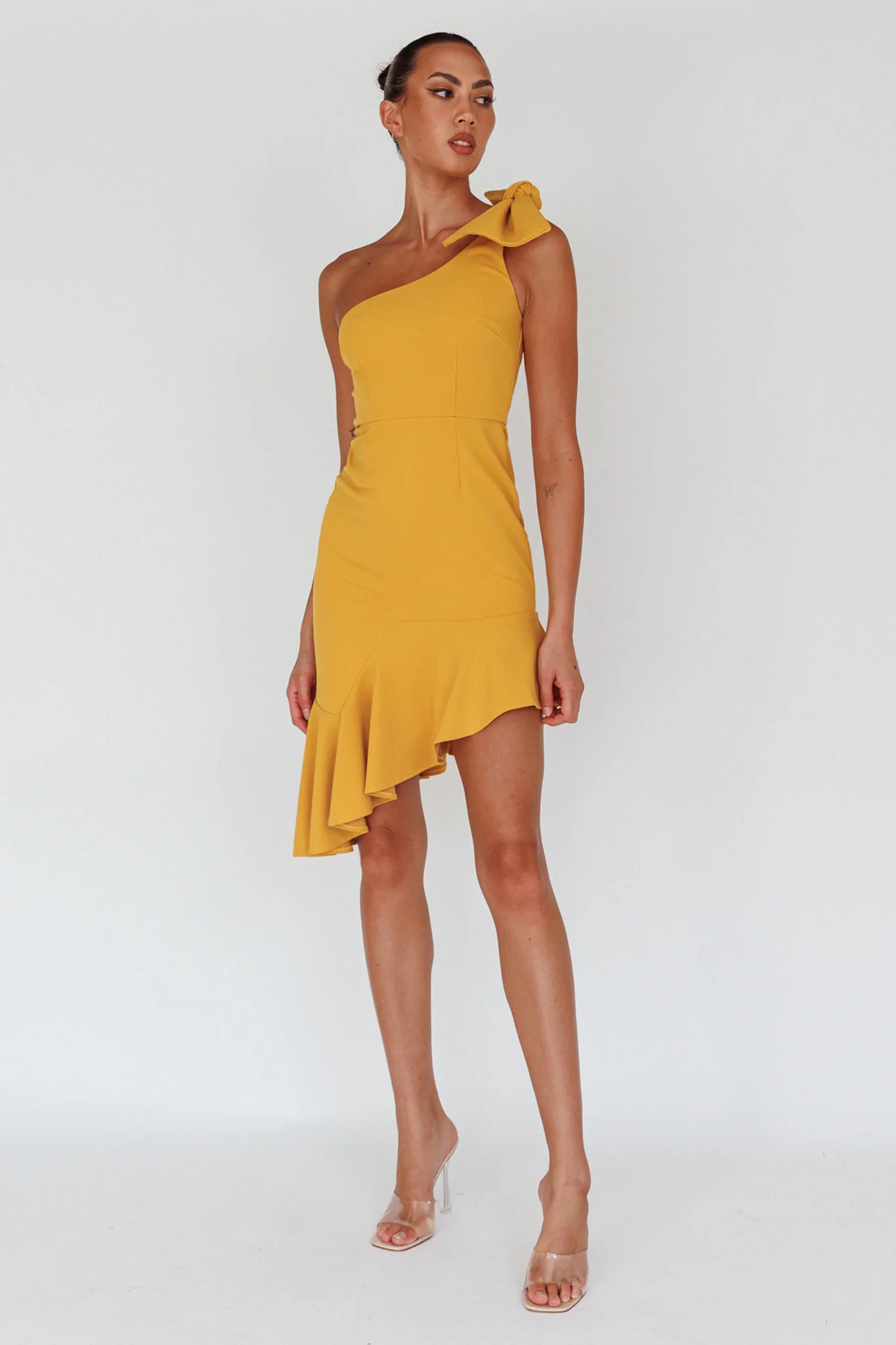 Tiffany One-Shoulder Bow Dress Mustard - Image 4