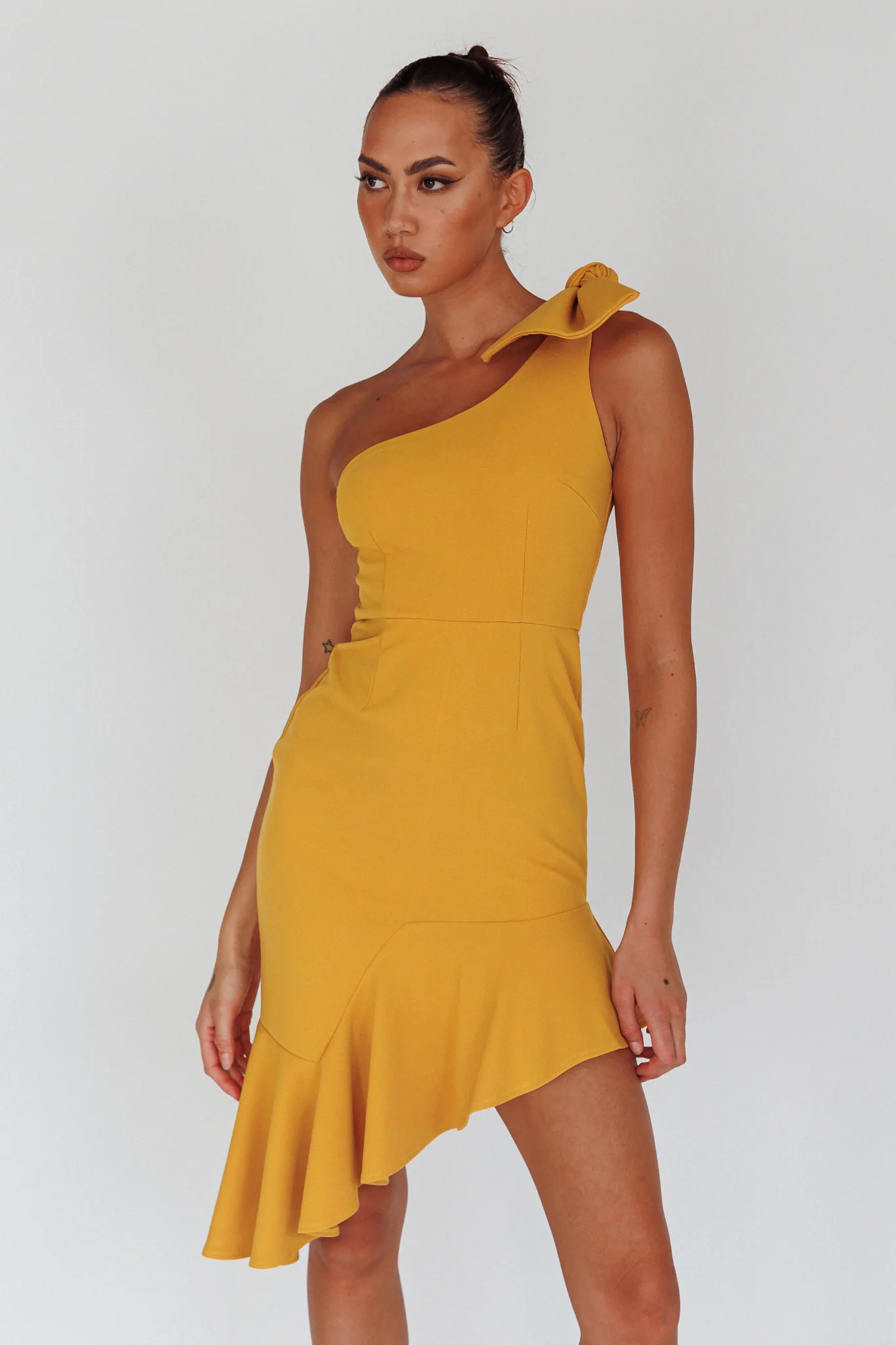 Tiffany One-Shoulder Bow Dress Mustard - Image 6
