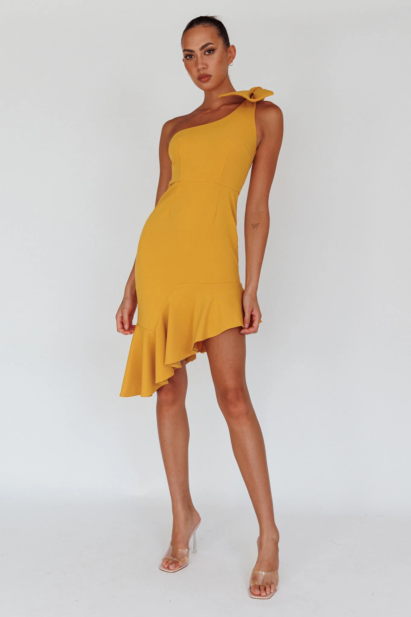 Tiffany One-Shoulder Bow Dress Mustard - Image 7
