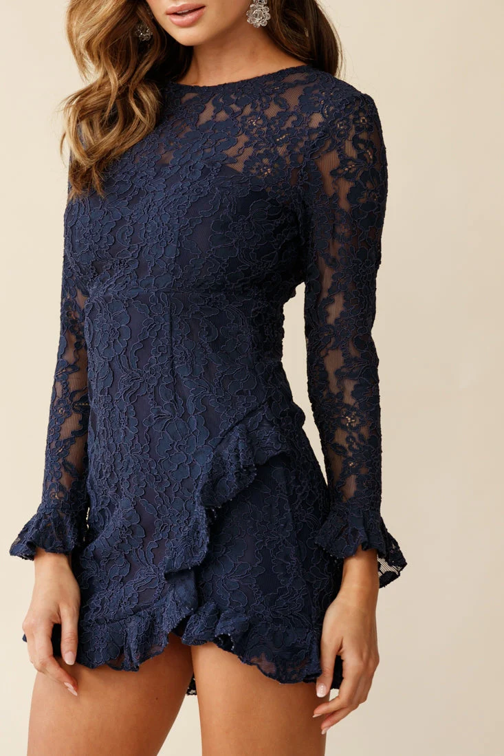 Tilly Lace Overlay Ruffle Trimmed Back Dress Navy - Image 4