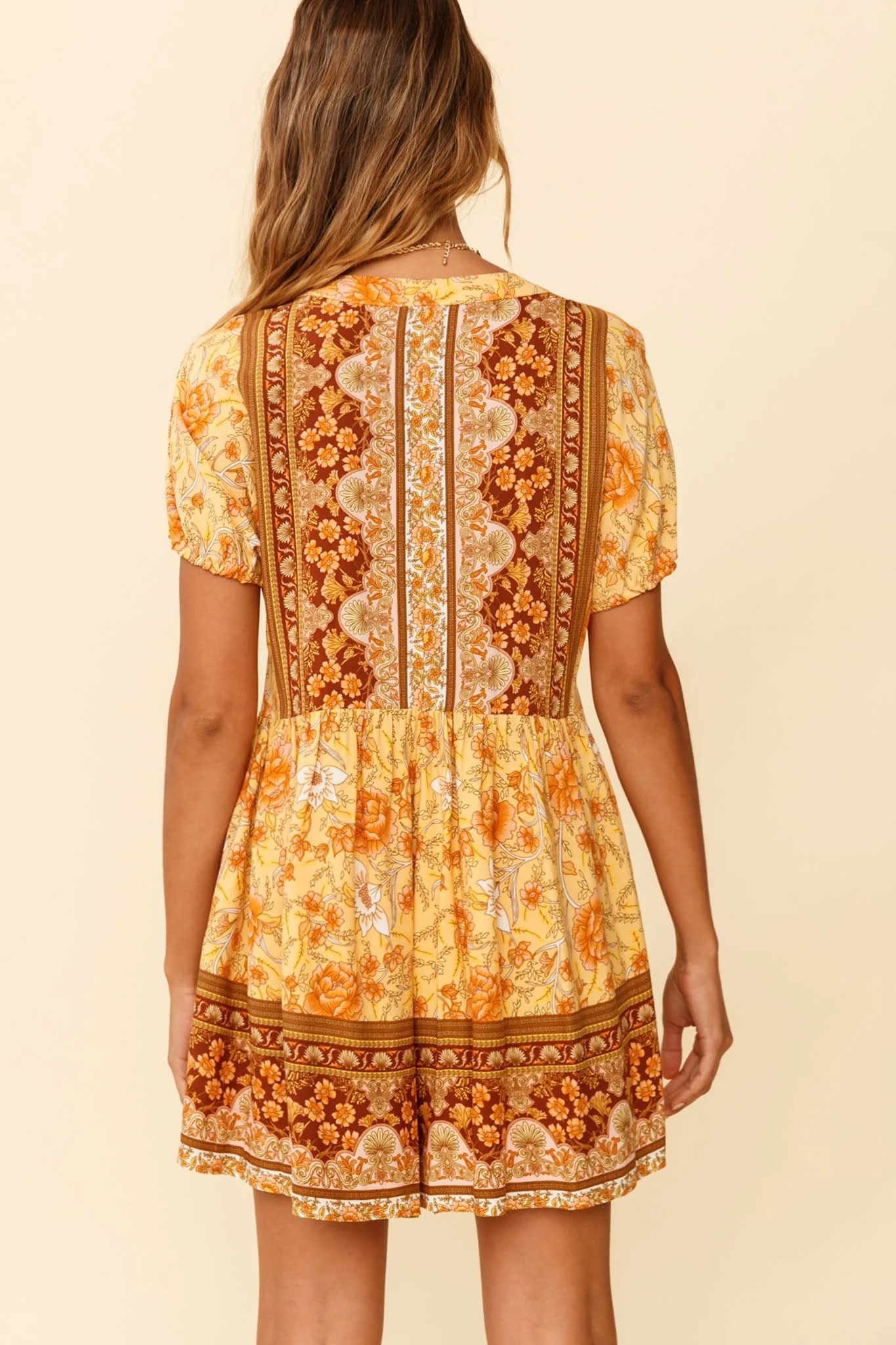 Time Flies Puff Sleeve T-Shirt Romper Boho Floral Print Yellow - Image 2