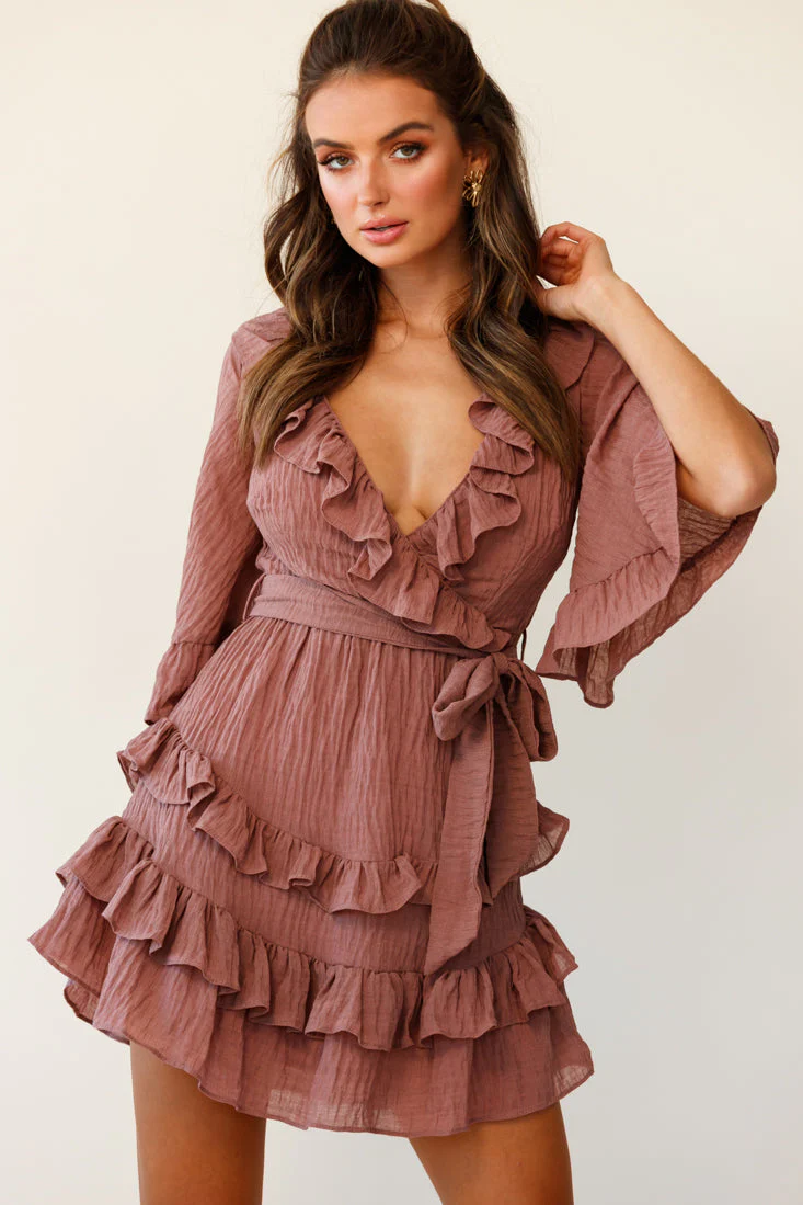 Time Will Tell Angel Sleeve Frill Detail Dress Antique Rose - Image 4