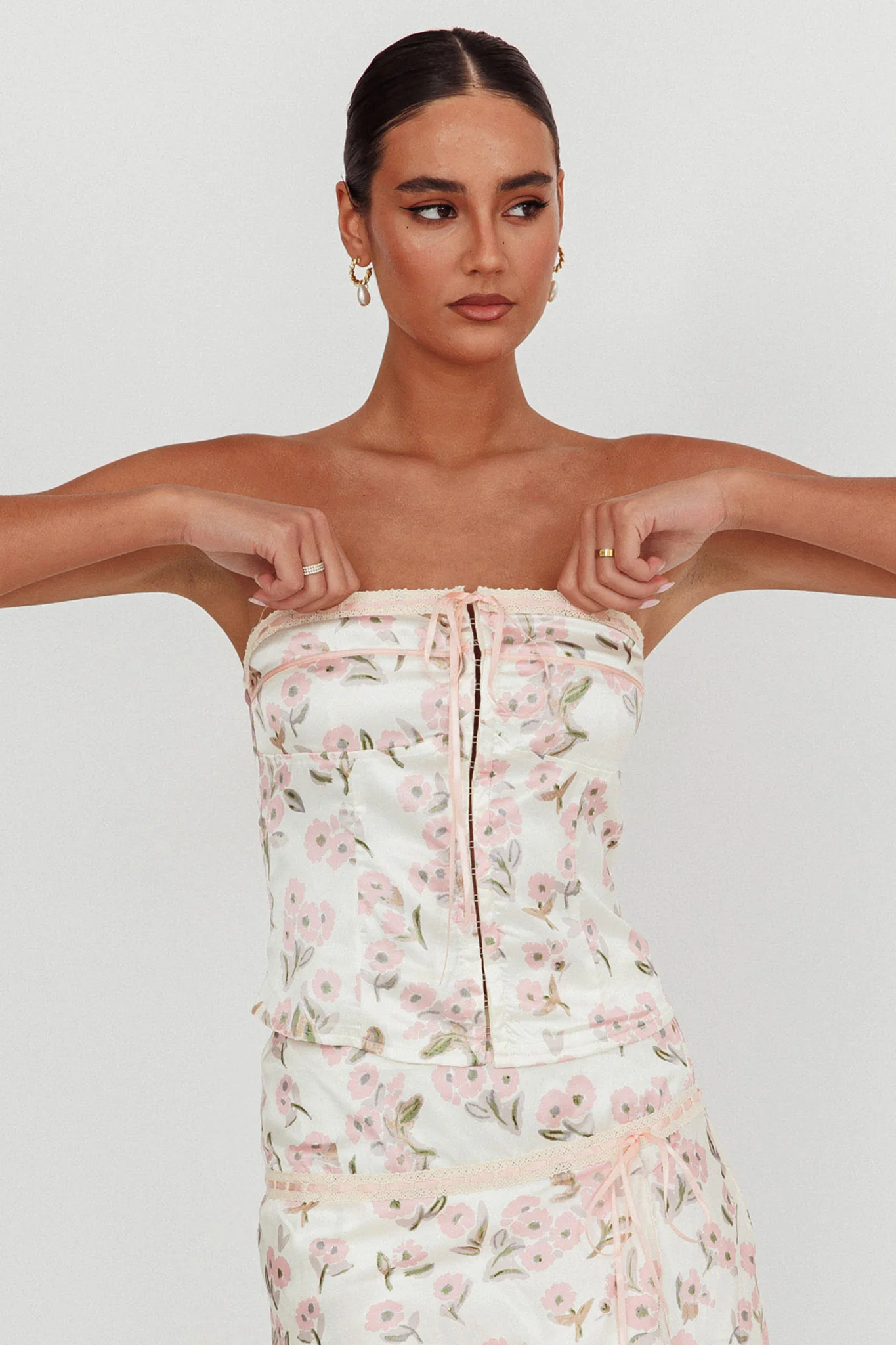 Tiya Strapless Ribbon Top Floral Pink - Image 5