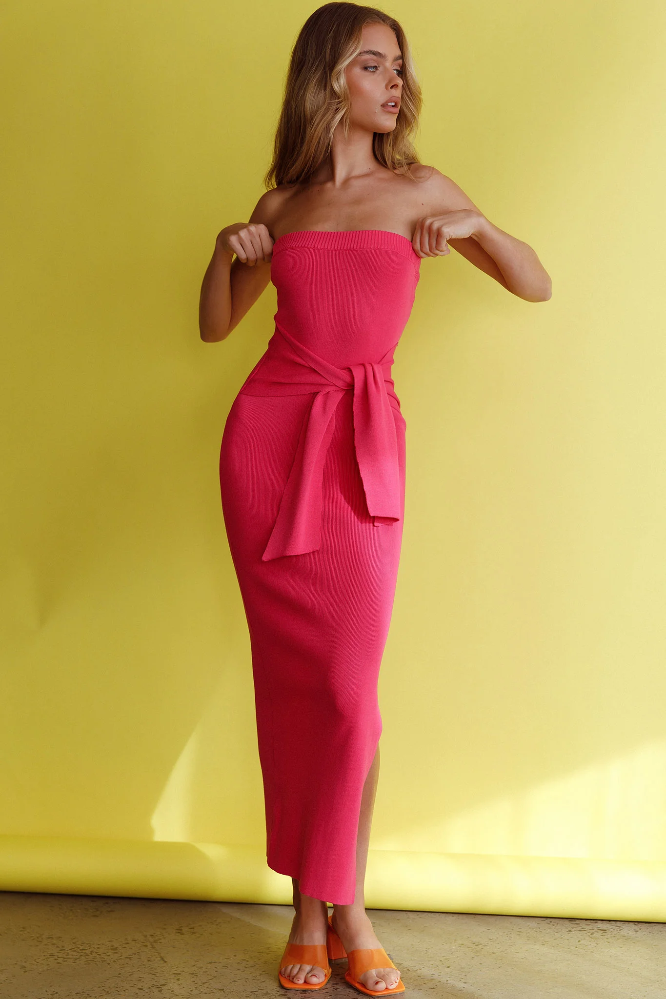 Told You So Strapless Waist Tie Knit Maxi Dress Hot Pink - Image 6