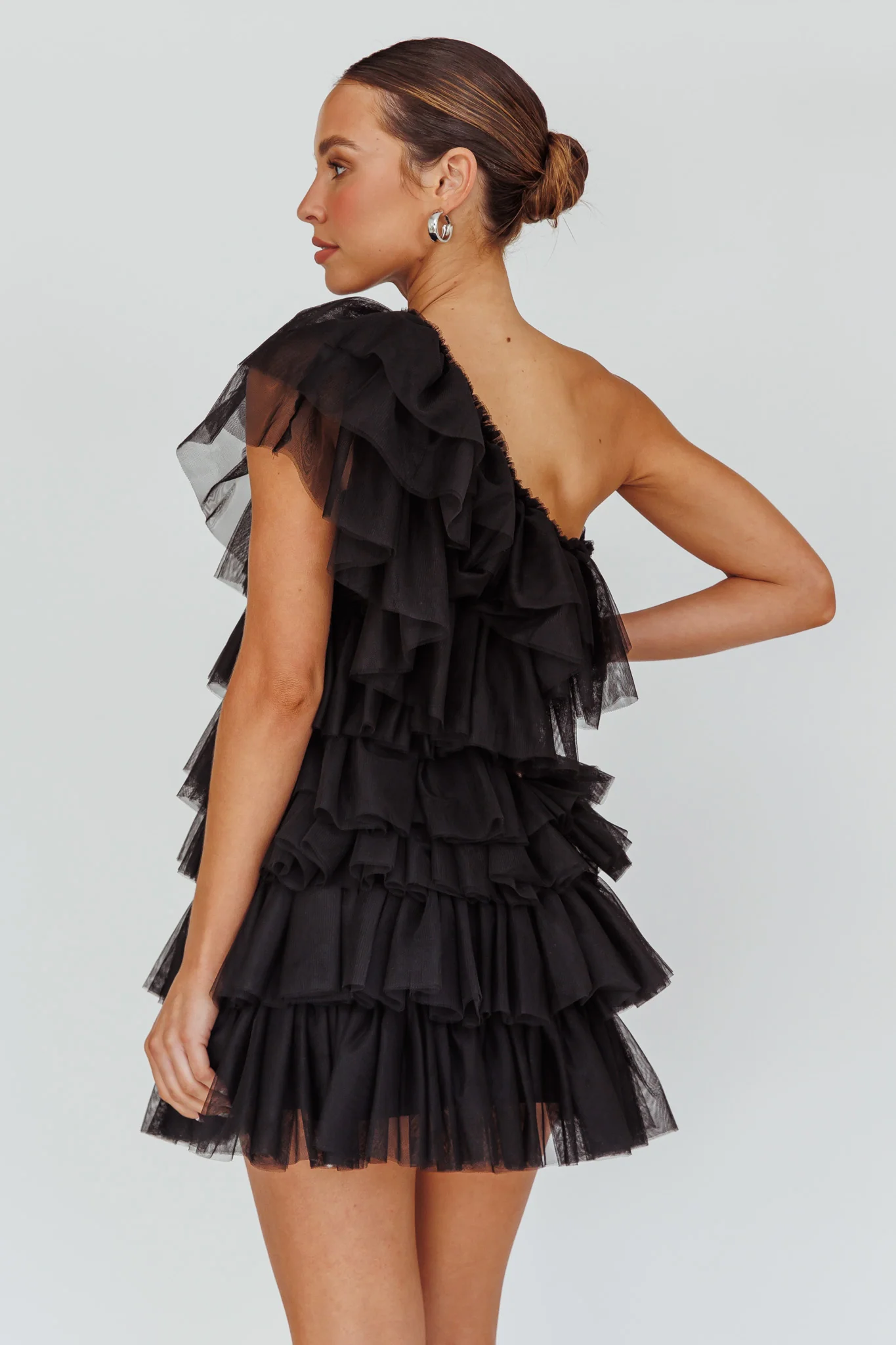 Tomi Layered Frill One-Shoulder Mini Dress Black - Image 2