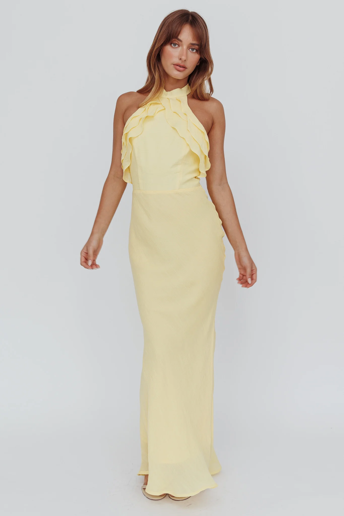 Topaz Skies Halterneck Ruffle Dress Banana - Image 3