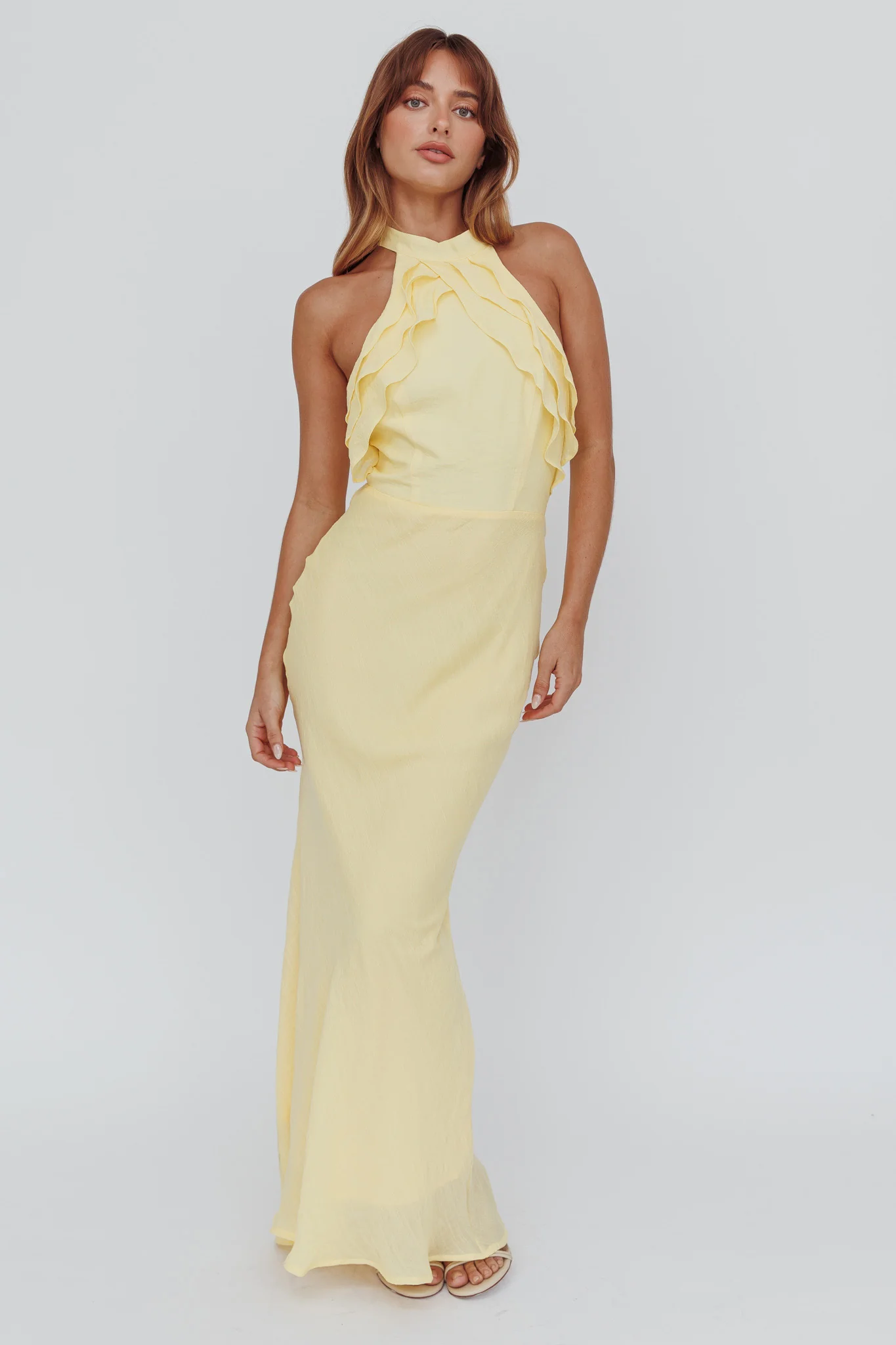 Topaz Skies Halterneck Ruffle Dress Banana - Image 5