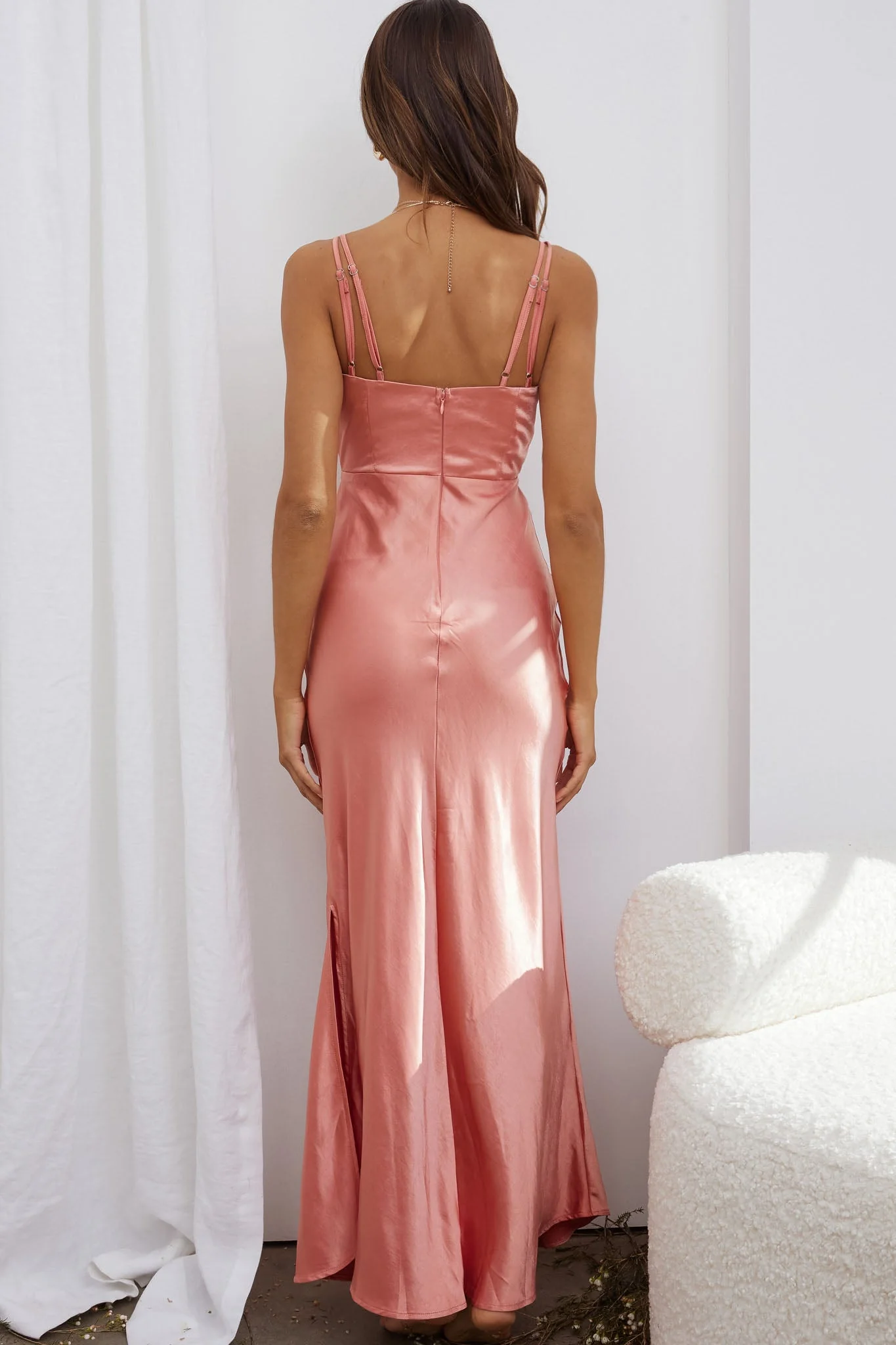 Torah Cut-Out Bodice Front Split Maxi Dress Peach - Image 2