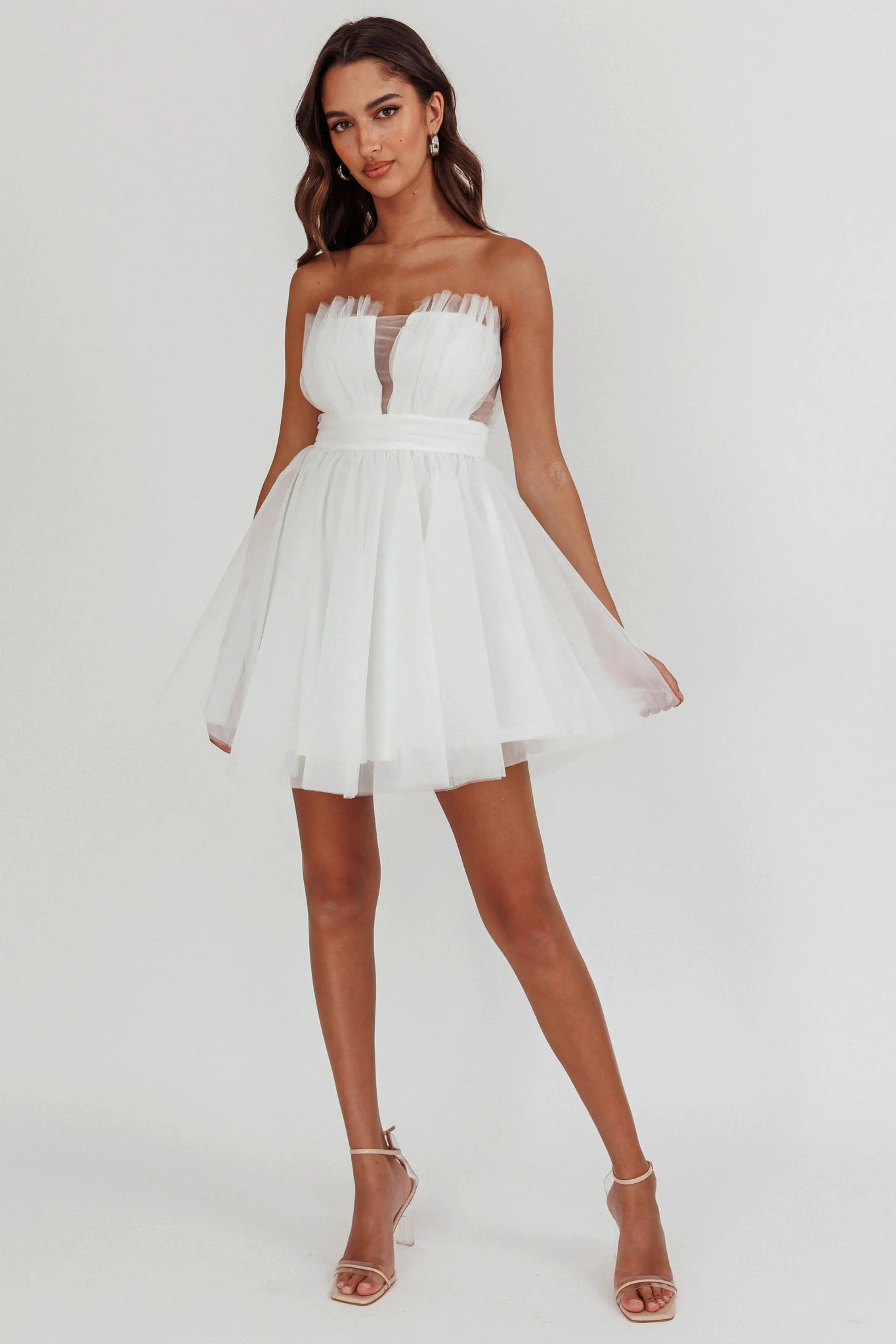 Touch The Stars Gathered Mesh Mini Dress White - Image 4