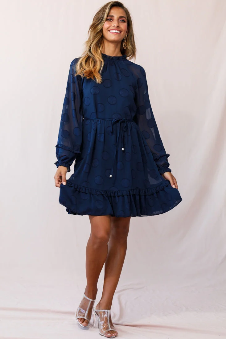 Tracee High Neckline Sheer Sleeve Polka Dot Dress Navy - Image 6