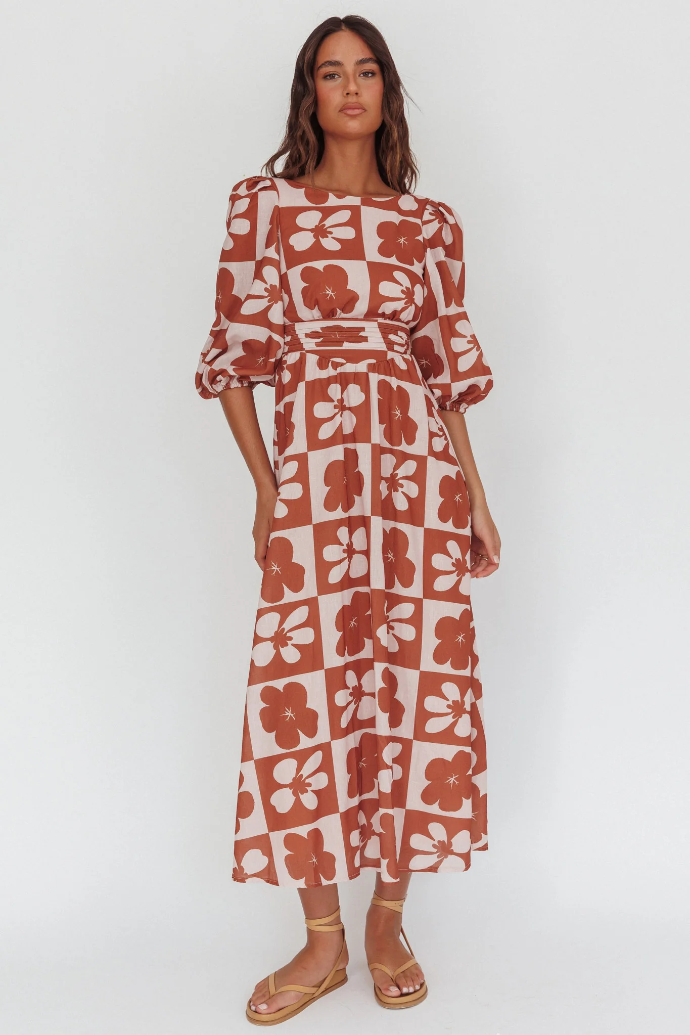 Transcendent Puff Sleeves Maxi Dress Floral Mocha - Image 4