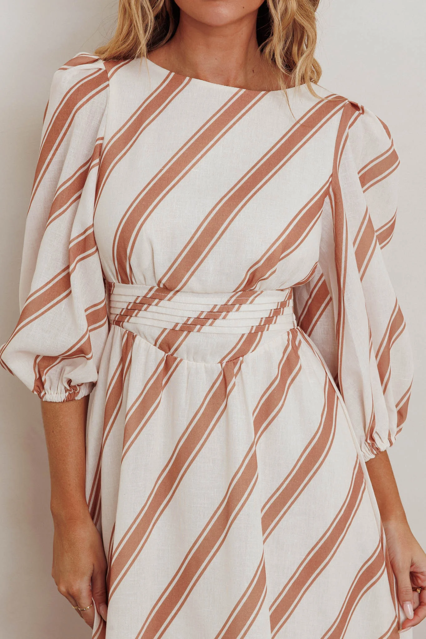 Transcendent Puff Sleeves Striped Maxi Dress Tan - Image 5