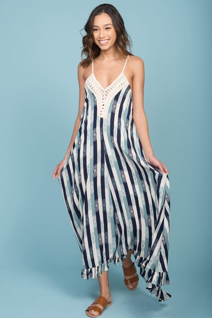 Tristan Striped Crochet Detail Maxi Dress Navy & Beige - Image 3